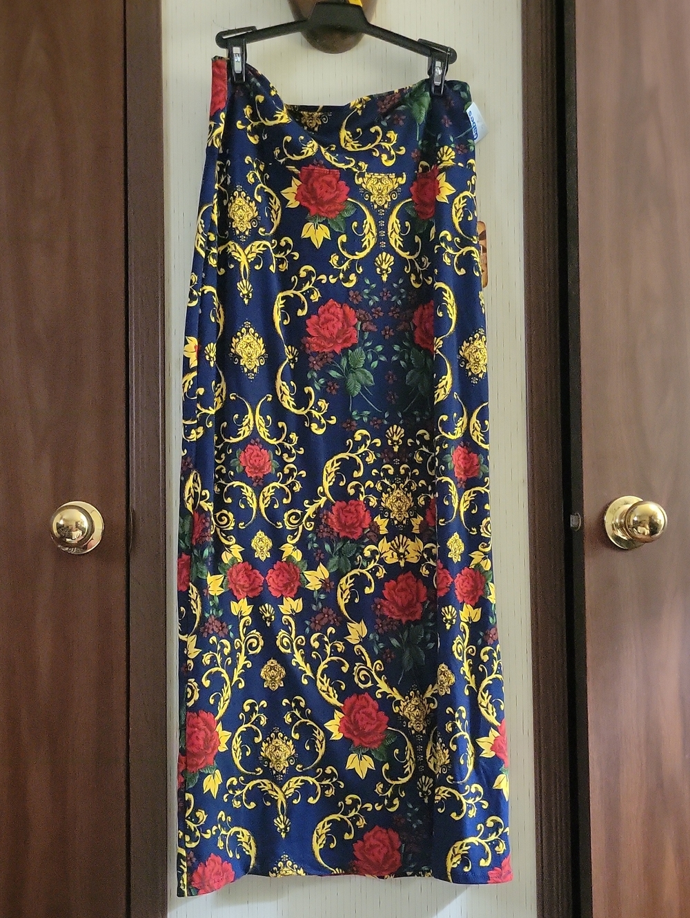 Hybrid & company Navy Maxi Skirt with Red Roses and Gold Scrolls